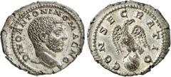 RÖMER RÖMISCHE KAISERZEIT. Divus Caracalla, ab 217 n. Chr. Denar (2,84g). 218 n. Chr. geprägt unter Elagabal. Mzst. Rom. Vs.: DIVO ANTONINO MAGNO, Kopf n. r. Rs.: CONSECRATIO, Adler auf Globus. RIC 71