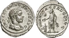 RÖMER RÖMISCHE KAISERZEIT. Elagabal, 218 - 222 n. Chr. Denar (3,77g). 220 - 222 n. Chr. Mzst. Rom. Vs.: IMP ANTONINVS PIVS AVG, drapierte Büste mit Lorbeerkranz u. "Horn" n. r. Rs.: SVMMVS SACERDOS AV