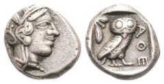 GRIECHEN ATTIKA ATHEN Drachme (4.28g). ca. 454 - 404 v. Chr. Vs.: Kopf der Athena mit verziertem, bekränzten attischen Helm n. r. Rs.: ΑΘΕ, Eule steht n. r., Kopf in Vorderansicht, im Feld links oben 