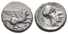 GRIECHEN KORINTH KORINTH Stater (7.72g). 405 - 345 v. Chr. Vs.: Pegasos fliegt n. r., darunter Koppa. Rs.: Kopf der Athena mit korinthischem Helm n. r., dahinter Thymiaterion. Calciati, Pegasi 238. Du