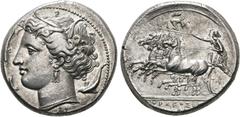 GRIECHEN SIZILIEN. SYRAKUS. Agathokles, 317 - 289 v.Chr. Tetradrachme (17,19g). Circa 310 - 304 v. Chr. Vs.: Kopf der Arethusa mit Schilfkranz, Ohrring und Perlenkette n. l., von drei Delfinen umspiel