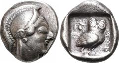GRIECHEN ATTIKA. ATHEN. Tetradrachme (17,04g). Um 525 - 515 v. Chr. Vs.: Kopf der Athena mit attischem Helm n. r. Rs.: ΑΘΕ, Eule und Olivenzweig. Svoronos Taf. 5; Seltman Gruppe H; HGC 4 1588. Attrakt
