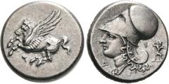 GRIECHEN CORINTHIA. KORINTH. Stater (8,58g). 345 - 307 v. Chr. Vs.: Pegasos n. l. fliegend, darunter Koppa. Rs.: Kopf der Athena mit korinthischem Helm n. l., l. u. r. vom Hals Δ-Ι, r. Zeus mit Blitzb