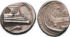 GRIECHEN LYKIEN. PHASELIS. Stater (10,43g). 4. Jh. v. Chr. Vs.: Schiffsprora n. r., darunter Delfin schwimmend. Rs.: ΦΑΣ[Η], Schiffsheck n. r., darüber Swastika. Heipp-Tamer Serie 6 (ungelistete Stemp