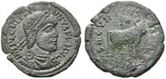 KELTEN BARBARISCHE IMITATIONEN RÖMISCHER MÜNZEN. Nach Julian II., 360 - 363 n. Chr. AE "Doppelmaiorina" (14,26g). Mzst. unbekannt. Vs.: D N FL CL IVLI-HNVS P F HVG, drapierte Panzerbüste mit Perlendia