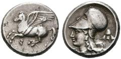 GRIECHEN CORINTHIA. KORINTH. Stater (8,54g). ca. 345 - 307 v. Chr. Vs.: Nach links fliegender Pegasos, darunter Koppa. Rs.: Kopf der Athena mit korinthischem Helm n. l., dahinter thessalischer Helm, v