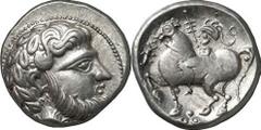 KELTEN MITTLERE UND UNTERE DONAU Nachahmungen der Tetradrachmen und Teilstücke Philipps II. Objekt-Nr.: 14 Baumreiter, Tetradrachme, (14,36 g.), Vs.: Zeuskopf n. r. Rs.: Reiter mit langem Helmschweif 