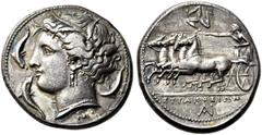 GRIECHEN SIZILIEN. SYRAKUS. Agathokles, 317 - 289 v.Chr. Tetradrachme (16,85g). Circa 310 - 304 v. Chr. Vs.: Kopf der Arethusa mit Schilfkranz, Ohrring und Perlenkette n. l., von drei Delfinen umspiel