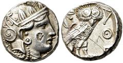 GRIECHEN ATTIKA. ATHEN. Tetradrachme (16,78g). ca. 286/5 - 280/267 v. Chr. Vs.: Kopf der Athena mit verziertem, bekränztem, attischem Helm n. r. Rs.: AQE, Eule n. r. stehend, Kopf in Vorderansicht, im