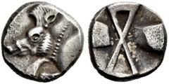 GRIECHEN LYKIEN. PRAEDYNASTISCHE PRÄGUNGEN. 1/3 Stater (2,77g). Circa 520 - 470 v. Chr. Vs.: Vorderteil eines Ebers mit aufgestelltem Kamm n. l. Rs.: Quadratum incusum mit großem X im Zentrum, an zwei