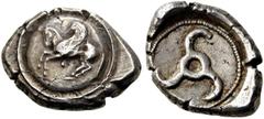 GRIECHEN LYKIEN. DYNASTEN. Khinakha. Stater (9,96g). 460 - 440 v. Chr. Vs.: N.l. abhebender Pegasos auf Rundschild, darunter Kugel. Rs.: Triskeles in rundem Incusum. Vismara, Lycia II 73; Traité II, 2