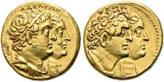 GRIECHEN NORDAFRIKA. KÖNIGREICH DER PTOLEMÄER. Ptolemaios II. Philadelphos, 283 - 246 v.Chr. AV-Tetradrachme (27,79g). 272 - 261/60 v. Chr. Mzst. Alexandria. Vs.: ADELFWN, gestaffelte Büsten des Ptole
