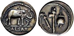 RÖMER RÖMISCHE REPUBLIK. RÖMISCHE REPUBLIK NACH 211 V. CHR. C. Iulius Caesar, 49 - 48 v. Chr. Denar (3,76g). Mzst. in Gallia Narbonensis oder Hispania citerior. Vs.: CAESAR, Elefant n. r. trampelt ein