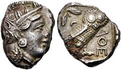 GRIECHEN ATTIKA. ATHEN. Tetradrachme (16,81g). ca. 353 - 294 v. Chr. Vs.: Kopf der Athena mit ölzweigbekränztem Helm n. r. Rs.: AQE, Eule n. r. stehend, dahinter Ölzweig und Halbmond. Svoronos Taf. 20