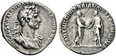 RÖMER RÖMISCHE KAISERZEIT. Hadrian, 117 - 138 n. Chr. Denar (3,45g). 117 n. Chr. Mzst. Rom. Vs.: IMP CAES TRAIAN HADRIAN OPT AVG GER DAC, drapierte Panzerbüste mit Lorbeerkranz n. r. Rs.: PARTHIC DIVI