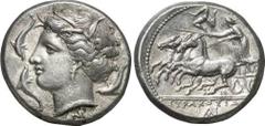GRIECHEN SIZILIEN SYRAKUS Objekt-Nr.: 94 Agathokles, 317 - 289 v. Chr. Tetradrachme, (17,18 g.), 2. Periode, ca. 310 - 305 v. Chr. Vs.: Kopf der Arethusa n. l. umgeben von drei Delfinen, unten NK. Rs.