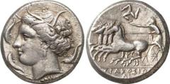 GRIECHEN SIZILIEN SYRAKUS Objekt-Nr.: 1138 Agathokles, 317 - 289 v. Chr. Tetradrachme (17,02 g.), 2. Periode, 310 - 305 v. Chr. Vs.: Kopf der Arethusa n. l., darum drei Delfine. Unten NK. Rs.: Quadrig