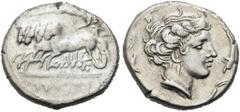 GRIECHEN SIZILIEN. SIKELOPUNIER. Tetradrachme (16,60g). ca. 360 - 330 v. Chr. Mzst. Lilybaion. Vs.: Wagenlenker mit Treibstab Quadriga im Galopp n. l. führend, darüber Nike n. l. fliegend u. den Lenke
