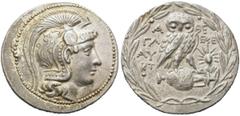 GRIECHEN ATTIKA. ATHEN. Tetradrachme des Neuen Stils (16,76g). 138/137 v. Chr. Vs.: Kopf der Athena mit attischem Helm n. r. Rs.: Α-ΘΕ, Eule auf Amphora, Beamte: ΓΛ/ΑΥ / ΕΧΕ, auf der Amphora B, l. KT,