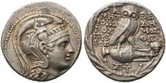 GRIECHEN ATTIKA. ATHEN. Tetradrachme des Neuen Stils (16,73g). 115/114 v. Chr. Vs.: Kopf der Athena mit attischem Helm n. r. Rs.: Α-ΘΕ, Eule auf Amphora, Beamte: ΜΗΤ/ΡΟΔΩΡ/ΟΣ / ΔΗ/ΜΟΣ/ΘΕ / ΠΥΡ/ΡΟΣ, au