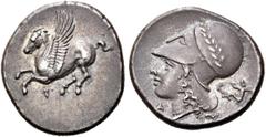 GRIECHEN CORINTHIA. KORINTH. Stater (8,47g). 345 - 307 v. Chr. Vs.: Pegasos n. l. fliegend, darunter Koppa. Rs.: Kopf der Athena mit korinthischem Helm n. l., l. u. r. vom Hals A-P, r. Triton. Calciat