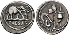 RÖMER RÖMISCHE REPUBLIK. RÖMISCHE REPUBLIK NACH 211 V. C. Iulius Caesar, 49 - 48 v. Chr. Denar (3,82g). Mzst. in Gallia Narbonensis oder Hispania citerior. Vs.: CAESAR, Elefant n. r. trampelt einen Dr