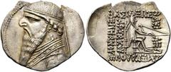 GRIECHEN PARTHER. ARSAKIDEN. Mithradates II., 123 - 88 v. Chr. Drachme (4,10g). 109 - 96/5 v. Chr. Mzst. Ekbatana. Vs.: Bärtige, drapierte Büste mit Diadem n. l. Rs.: ΒΑΣΙΛΕΩΣ / ΒΑΣΙΛΕΩΝ / ΜΕΓΑΛΟΥ / Α