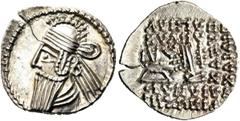 GRIECHEN PARTHER. ARSAKIDEN. Vologases IV., 147 - 191 n. Chr. Drachme (3,76g). Mzst. Ekbatana oder Seleukeia am Tigris. Vs.: Drapierte, bärtige Büste mit Tiara und Diadem n. l. Rs.: Arsakes I. n. r. s