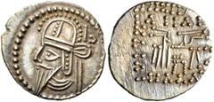 GRIECHEN PARTHER. ARSAKIDEN. Vologases VI., 212 - 224/7 n. Chr. Drachme (3,64g). Mzst. Ekbatana. Vs.: Bärtige, drapierte Büste mit Tiara und Diadem n. l., dahinter B. Rs.: Arsakes n. r. sitzend und Bo
