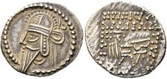 GRIECHEN PARTHER. ARSAKIDEN. Vologases VI., 212 - 224/7 n. Chr. Drachme (3,66g). Mzst. Ekbatana. Vs.: Bärtiger Kopf mit Tiara und Diadem n. l., dahinter b. Rs.: Arsakes I. n. r. sitzend und Bogen prüf