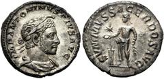 RÖMER RÖMISCHE KAISERZEIT. Elagabal, 218 - 222 n. Chr. Denar (2,97g). Mzst. Rom. Vs.: IMP ANTONINVS PIVS AVG, drapierte Büste mit Lorbeerkranz u. Horn n. r. Rs.: SVMMVS SACERDOS AVG, Elagabal mit Zwei