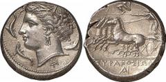 GRIECHEN SIZILIEN SYRAKUS Objekt-Nr.: 1146 Agathokles, 317 - 289 v. Chr. Tetradrachme (17,11 g.), 2. Periode, 310 - 305 v. Chr. Vs.: Kopf der Arethusa n. l., darum drei Delfine. Unten FI. Rs.: Quadrig