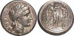 GRIECHEN SIZILIEN SYRAKUS Objekt-Nr.: 1148 Agathokles, 317 - 289 v. Chr. Tetradrachme (17,00 g.), 3. Periode, 305 - 295 v. Chr. Vs.: KORAS, Kopf der Kore n. r. Rs.: AGAQOKLEIOS, Nike errichtet Tropaio