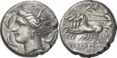 GRIECHEN SIZILIEN SYRAKUS Objekt-Nr.: 36 Agathokles, 317 - 289 v. Chr. Tetradrachme (17,02 g.), 2. Periode, 310 - 305 v. Chr. Vs.: Kopf der Arethusa n. l., darum drei Delfine. Unten NI. Rs.: Quadriga 