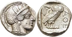 GRIECHEN ATTIKA. ATHEN. Tetradrachme (17,19g). 421 - 365 Jh. v. Chr. Vs.: Kopf der Athena mit verziertem, bekränztem, attischem Helm n. r. Rs.: ΑΘΕ, Eule n. r. stehend, Kopf in Vorderansicht, im Feld 