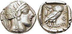 GRIECHEN ATTIKA. ATHEN. Tetradrachme (17,14g). ca. 449 - 429 Jh. v. Chr. Vs.: Kopf der Athena mit verziertem, bekränztem, attischem Helm n. r. Rs.: ΑΘΕ, Eule n. r. stehend, Kopf in Vorderansicht, im F