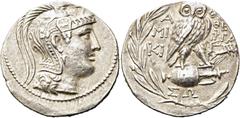 GRIECHEN ATTIKA. ATHEN. Tetradrachme des Neuen Stils (16,77g). 137/6 v. Chr. Vs.: Kopf der Athena mit attischem Helm n. r. Rs.: Α-ΘΕ, Eule auf Amphora, Beamte: ΜΙ-ΚΙ / ΘΕΟ-ΦΡΑ, unter der Amphora ΣΩ, i