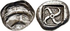 GRIECHEN LYKIEN. DYNASTEN. Thibanuwa. Stater (9,77g). 420 - 400 v. Chr. Vs.: Zwei Delfine gegenläufig übereinander schwimmend. Rs.: Tetraskelis in geperltem Quadratum incusum, darin lykische Umschrift