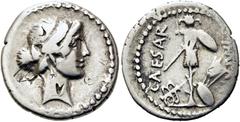 RÖMER RÖMISCHE REPUBLIK NACH 211 V. CHR. C. Iulius Caesar, 44 v. Chr. Denar (3,28g). Mzst. unsicher. Vs.: Kopf der Venus n.r. Rs.: CAESAR IMP, Tropaeum, links davon hochgekippter Wagen, rechts davon O