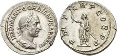 RÖMER RÖMISCHE KAISERZEIT. Gordian I., 238 n. Chr. Denar (3,15g). Mzst. Rom. Vs.: IMP M ANT GORDIANVS AFR AVG, drapierte Panzerbüste mit Lorbeerkranz n. r. Rs.: P M T-R P COS P P, Kaiser als Togatus m