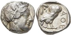 GRIECHEN ATTIKA. ATHEN. Tetradrachme (17,19g). 421 - 365 Jh. v. Chr. Vs.: Kopf der Athena mit verziertem, bekränztem, attischem Helm n. r. Rs.: ΑΘΕ, Eule n. r. stehend, Kopf in Vorderansicht, im Feld 