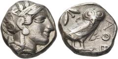 GRIECHEN ATTIKA. ATHEN. Tetradrachme (17,07g). 421 - 365 Jh. v. Chr. Vs.: Kopf der Athena mit verziertem, bekränztem, attischem Helm n. r. Rs.: ΑΘΕ, Eule n. r. stehend, Kopf in Vorderansicht, im Feld 
