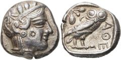 GRIECHEN ATTIKA. ATHEN. Tetradrachme (17,01g). 421 - 365 Jh. v. Chr. Vs.: Kopf der Athena mit verziertem, bekränztem, attischem Helm n. r. Rs.: ΑΘΕ, Eule n. r. stehend, Kopf in Vorderansicht, im Feld 