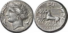 GRIECHEN SIZILIEN SYRAKUS Objekt-Nr.: 49 Agathokles, 317 - 289 v. Chr. Tetradrachme (16,97 g.), 2. Periode, 310 - 305 v. Chr. Vs.: Kopf der Arethusa n. l., darum drei Delfine. Unten NI. Rs.: Quadriga 