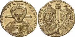 BYZANZ Objekt-Nr.: 510 Justinianus II., 2. Regierung, 705 - 711 n. Chr. Solidus (4,26 g.), Mzst. Konstantinopel. Vs.: d N IhS ChS REX REGNANTIYM, frontale Christusbüste, dahinter Kreuz. Rs.: D N IVSTI