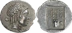 GRIECHEN LYKIEN LYKISCHER BUND Objekt-Nr.: 1579 Masakytos Hemidrachme (1,52 g.), 1. Hälfte 1. Jh. v. Chr. Vs.: Apollonkopf in archaistischem Stil mit Lorbeerkranz r. zwischen L-U. Rs.: M - A, Lyra, r.