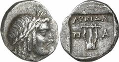 GRIECHEN LYKIEN LYKISCHER BUND Objekt-Nr.: 1580 Patara Hemidrachme (2,73 g.), 1. Hälfte 1. Jh. v. Chr. Vs.: Apollonkopf in archaistischem Stil mit Lorbeerkranz r. Rs.: LUKIWN, Dreifuß zwischen P-A. Tr