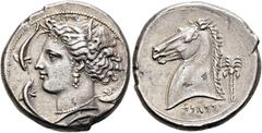 GRIECHEN SIZILIEN. SIKELOPUNIER. Tetradrachme (17.23g). Spätes 5. Jh. v. Chr. Mzst.Entella. Vs.: Kopf der Arethusa mit Schilfkranz, Ohr- und Halsschmuck n. l., von vier Delfinen umspielt. Rs.: Pferdek