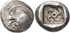 GRIECHEN LYKIEN. DYNASTEN. Teththiveibi. Stater (8.50g). 460 - 425 v. Chr. Vs.: Vorderteil eines Ebers mit aufgestelltem Kamm n. l. Rs.: TXXEFEB, Tetraskeles im Quadratum incusum. Vismara 138; SNG Aul