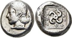 GRIECHEN LYKIEN. DYNASTEN. Teththiveibi. Stater (9.20g). 450 - 420 v. Chr. Mzst.Phellos(?) Vs.: Weiblicher Kopf n. l. Rs.: "tetthiweibi", Tetraskeles in vertieftem Quadrat. BMC 90; Müseler V 33. RR! V